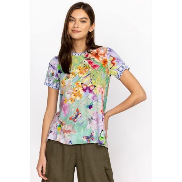 Johnny Was Cozumel Favorite Swing Tee Shirt Floral Butterfly Top Violet Green NW - Picture 2 of 16